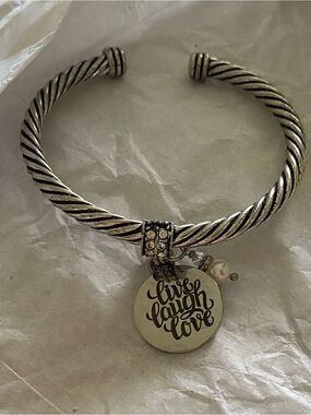 Live Laugh Love Silver-Tone Twisted Cuff Bracelet with Charm